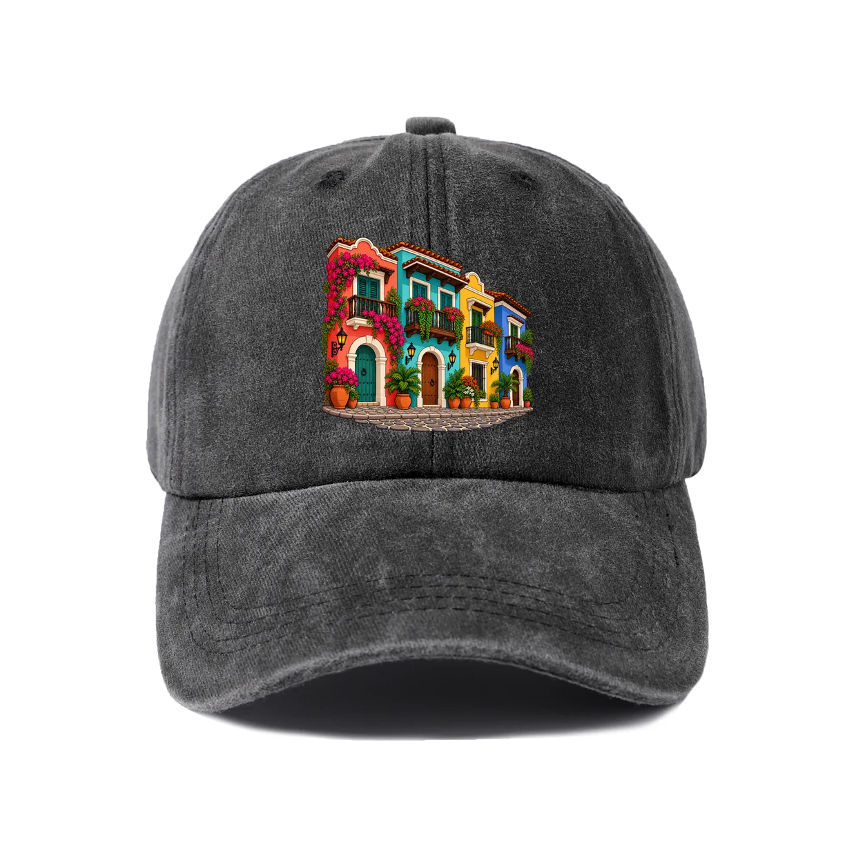 Mediterranean Buildings Art Baseball Cap, Vintage Washed Adjustable Unisex Dad Hat, Travel Gift
