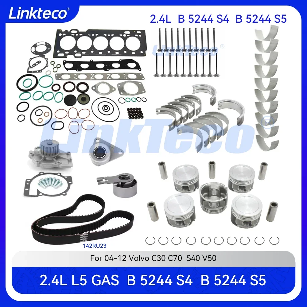 

Комплект ремня ГРМ для ремонта двигателя, полная прокладка подшипника, комплект поршневых колец, подходит для 2,4 T L L5 GAS B5244S для 04-12 Volvo C30 C70 S40 V50 2.4L