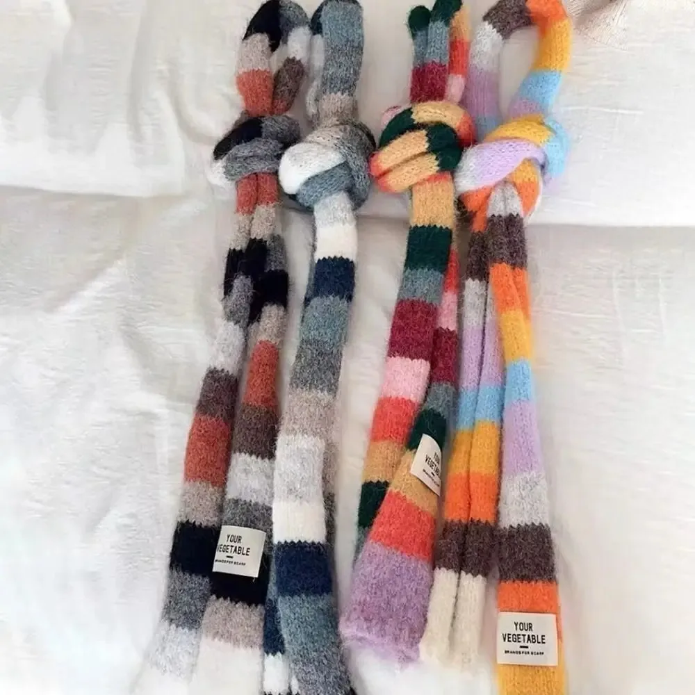 Y2K Striped Scarf Knitted Wool With Warm Color Splicing Contrast Sausage Thin Scarf Rainbow Color Scarf Winter