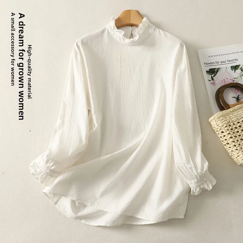 

Elegant Large Size Women's Shirt with Lace Collar in Flax Spring Fashion Casual Chic Style with Floral Pattern