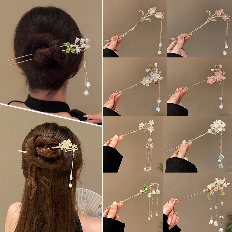 Palillos para el cabello con flecos de flores chinas Vintage, horquilla con borla hecha a mano, horquilla de Metal, accesorios de joyería