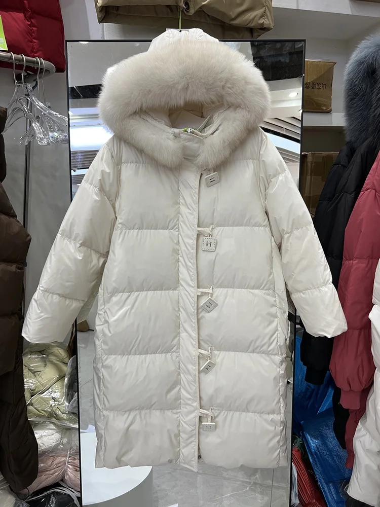 2025 inverno nova jaqueta feminina engrossado sobre o joelho moda versátil quente único breasted pato branco para baixo casaco