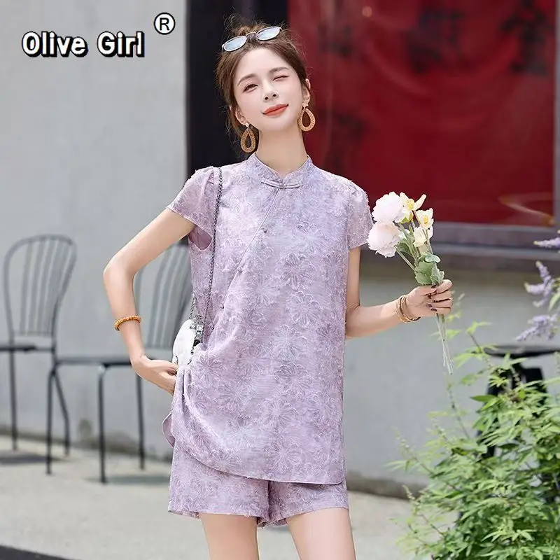 Olivegirl Women's Set Outfits Chinese Style Buckle Jacquard Summer 2026 Jacquard Top and Shorts Elegant Two-piece Set
