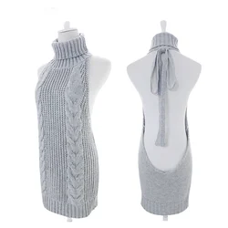 Spring/Summer Women's High Street Style Sexy Sweater Knitted Sweater with Open Back High Collar Kawaii Knitted Sweater MXZX