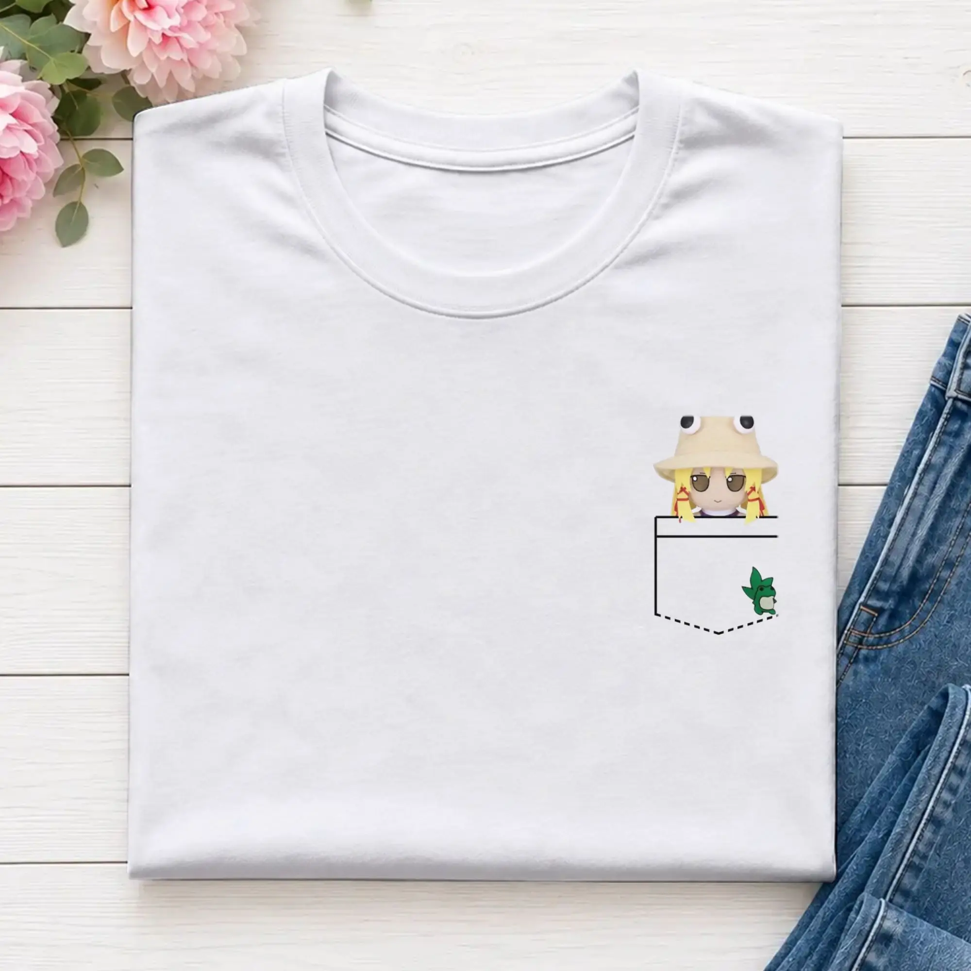 Crazy Suwako Pocket Fumo Touhou T-Shirts Men Crewneck 100% Cotton T Shirts Touhou Project Short Sleeve Tee Shirt Summer Clothing
