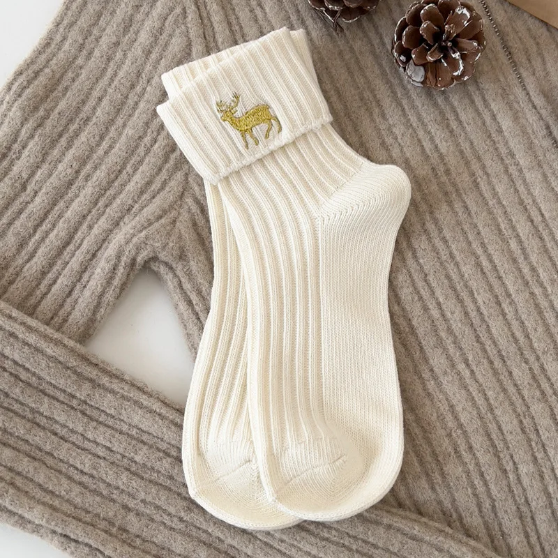 Christmas Girl Autumn Winter Cute Mid-tube Socks Big Red New Year Cotton Socks Cute Embroidery Cartoon Socks