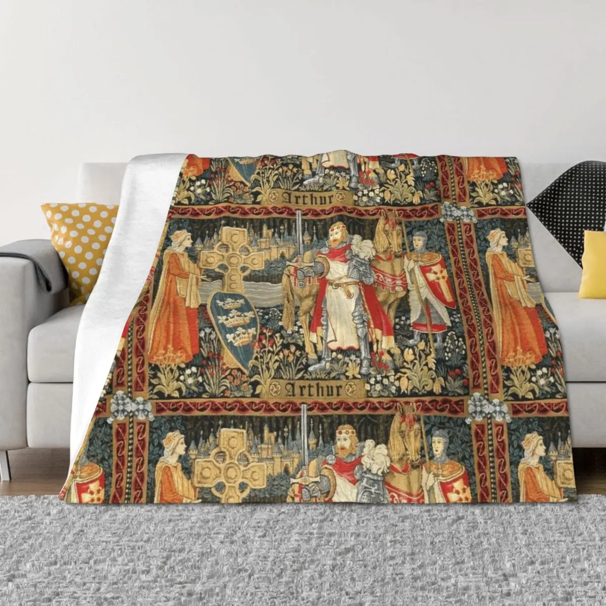 

King Arthur Tapestry Excalibur Merlin Camelot Holy Grail Quest Throw Blanket Hairys cosplay anime For Sofa Thin Blankets