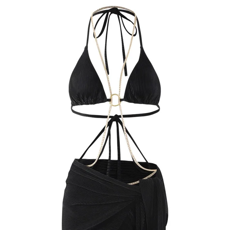 수영복 여성 순수한 욕망 체인 섹시한 스플릿 트라이앵글 비키니 3 피스 세트, 얇은 명주 그물 휴가 온천 수영복