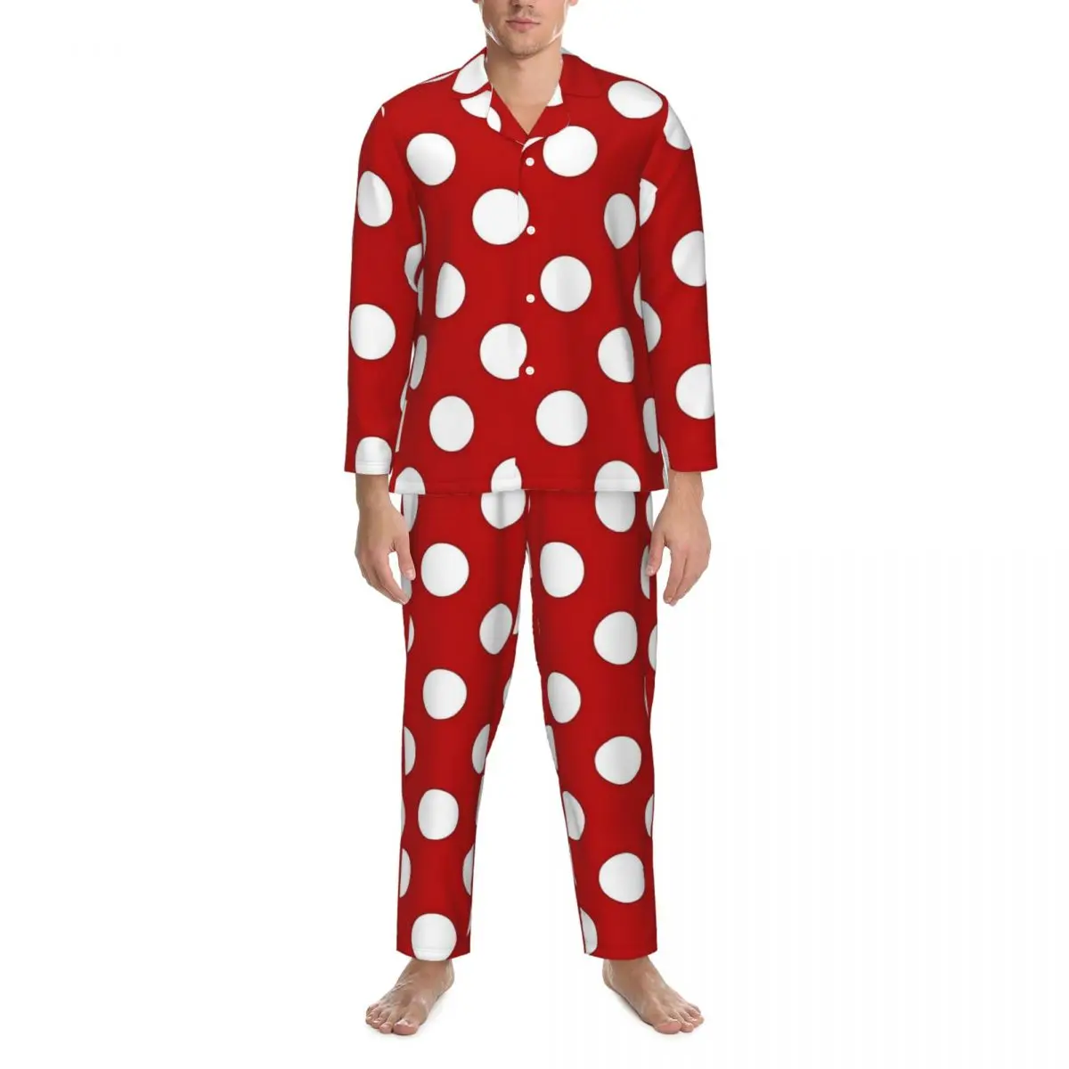 Red And White Polka Dots Retro Pajama Set Autumn Warm Daily Sleepwear Male Two Piece Casual Loose Oversized Design Nightwear