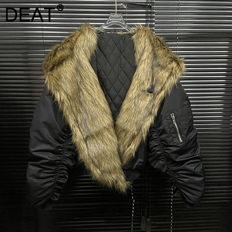 DEAT 2024 Winter New Item Fashion Fur Collar Loose Cotton-padded Coat For Women Contrast Color Warm Jacket Female Trend 11A01711