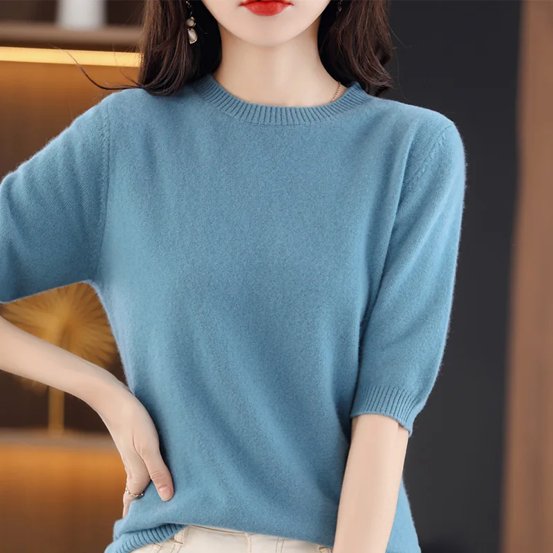 Sweater Pullover Lengan Pendek Wanita, Sweater Kasmir Leher O Lengan Pendek Lembut Warna Polos Musim Panas