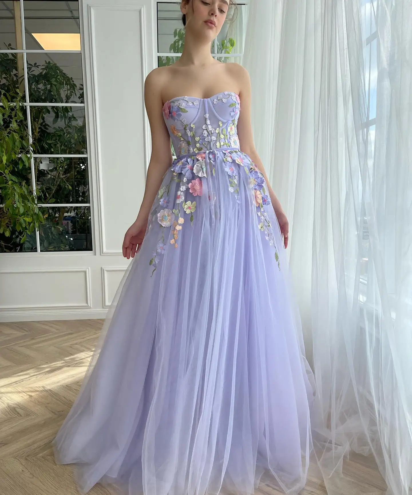 Lavender Flower Embroidery A Line Prom Dresses Draped Tulle Sweetheart Princess Graduation Party Dress 2024 Homecoming Gowns