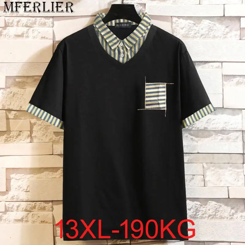 

Summer new fat lapel short-sleeved t-shirt stripes big yards fake two pieces loose plus size 11XL 12XL 13XL oversized 190KG