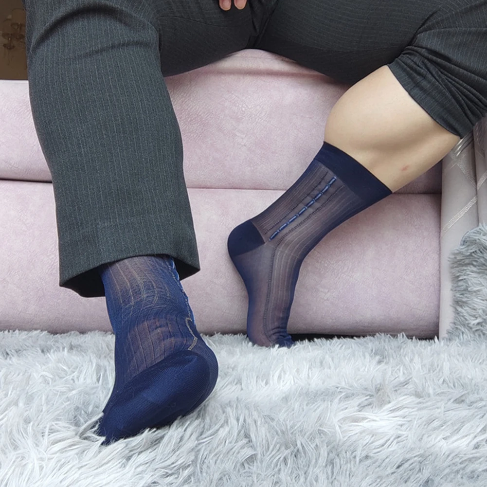 

1 Pair Casual Men Striped Sheer Thin Breathable Middle Tube Socks Business Formal Stockings Elastic Sock One Size