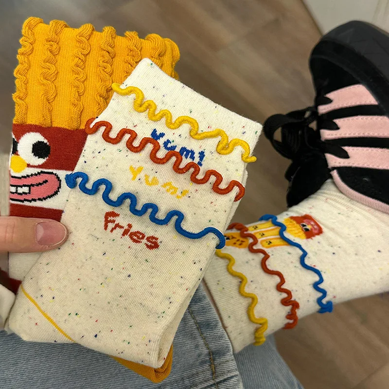 

Women's socks spring and summer French fries socks pure cotton comfortable funny and cute cartoon women's middle tube socks