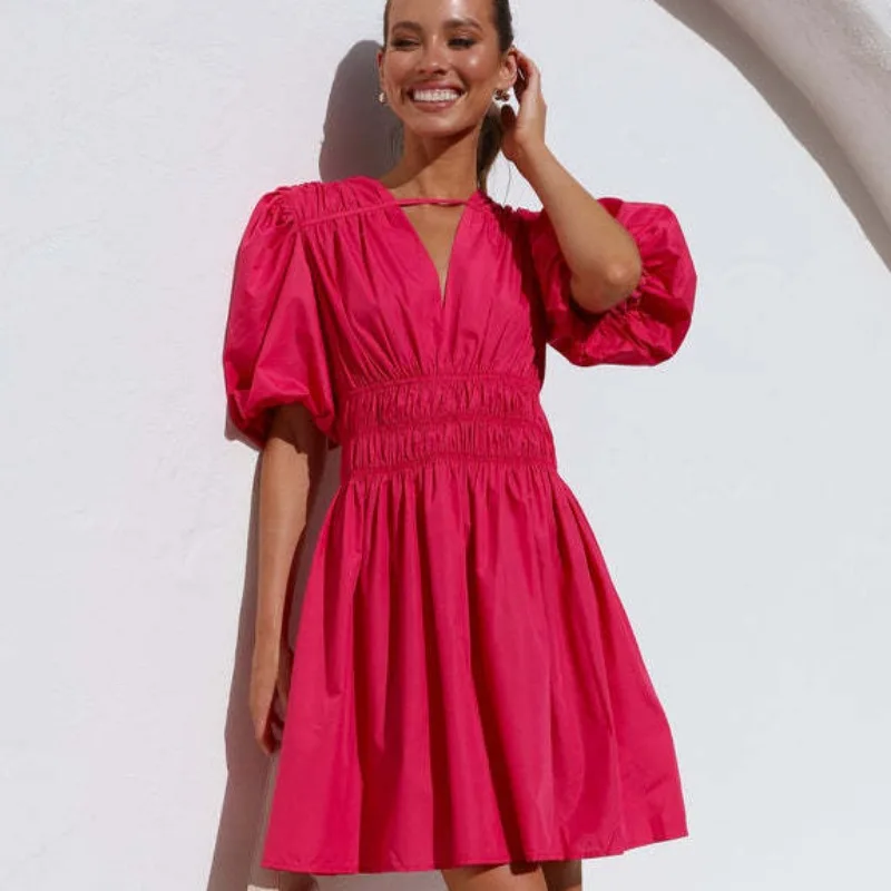 

Summer Women's New Deep V-neck Dresses Wrinkled Waist Short Length Bubble Sleeves Dress French Version Pure Color A-line Skirt