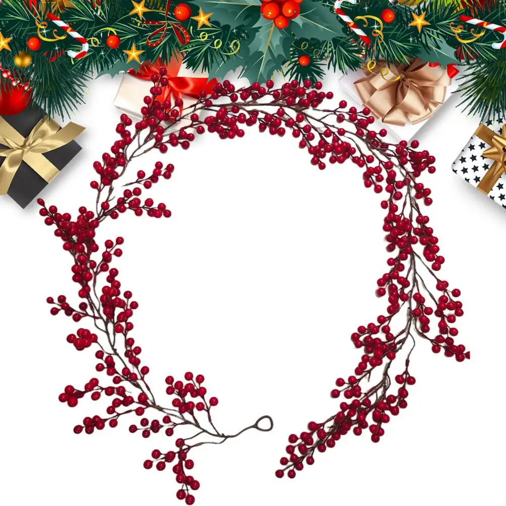 195/270CM Artificial Red Berries Garland Xmas Hanging Red Fruits Foam Ball Vine Wreath Mantle Fireplace Porch Home Decoration