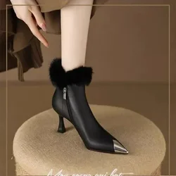 Kobiety Sexy Plush High Heels Chelsea Ankle Boots Luxury Pointed Toe Zipper Shoes 2024 Winter Fashion Gladiator Pumps Botas