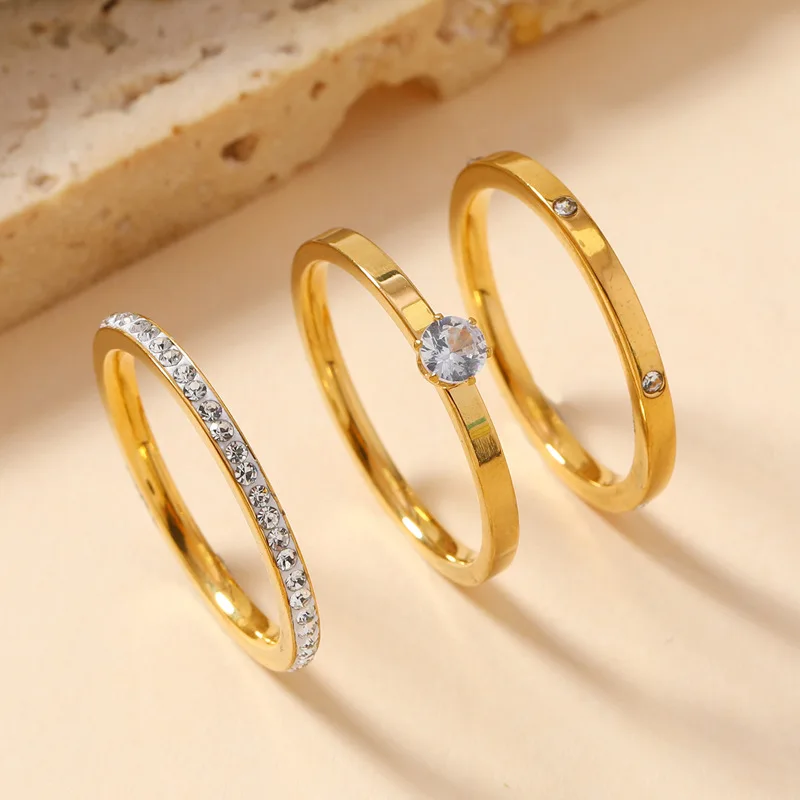 Luxury Stainless Steel Ring For Women Three-Piece Set Zircon Classic Fashion Finger Accessory Jewelry Female Gifts Wholesale