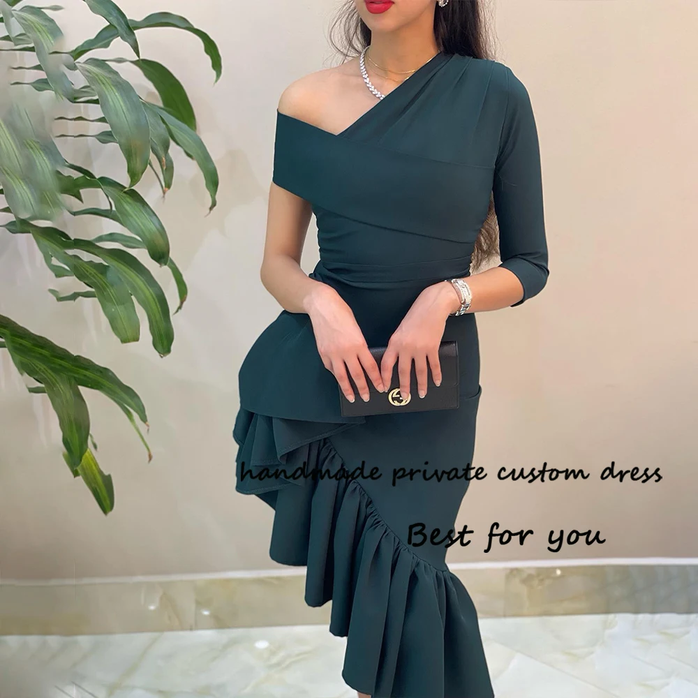 

Green One Sleeve Mermaid Evening Dresses for Women Pleats Satin Arabic Dubai Prom Dress Ankle Length Celebrate Event Gowns