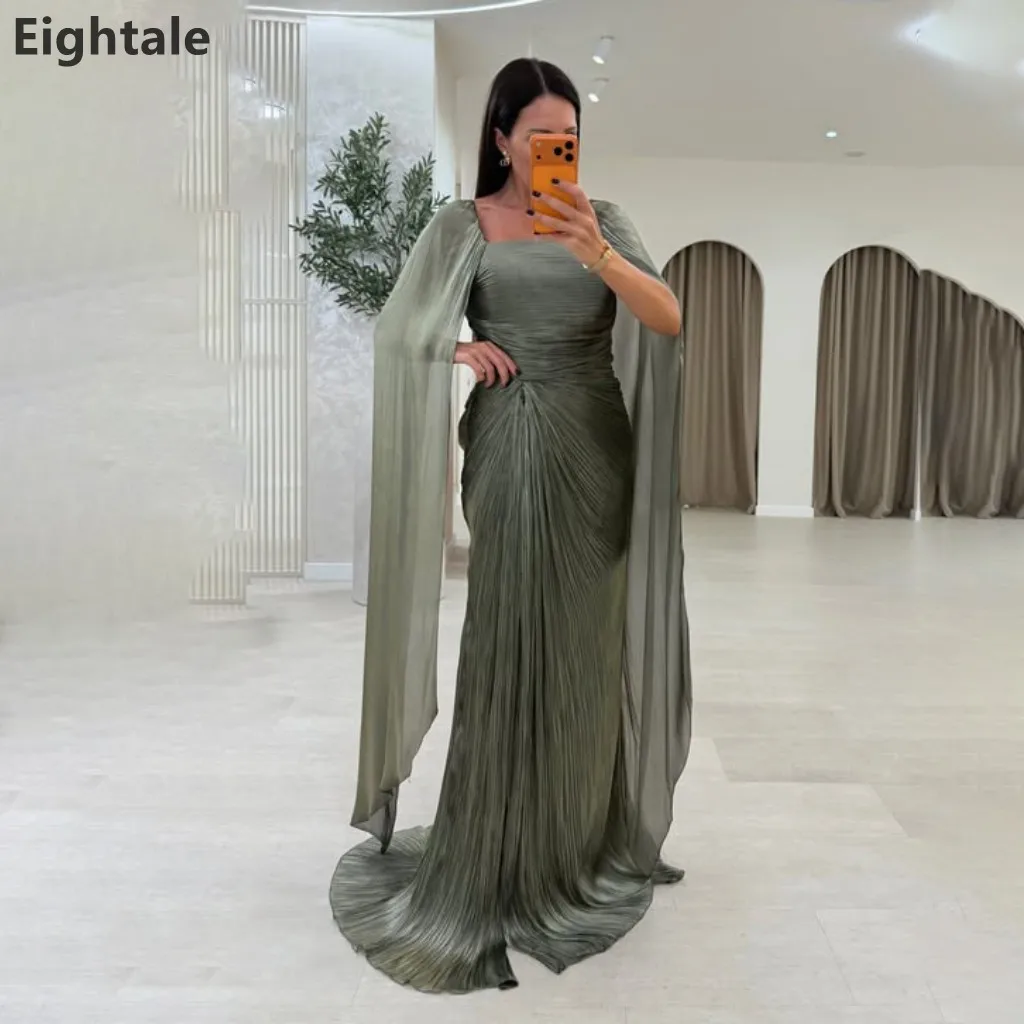 Vestido de noche verde oliva con cuello cuadrado, plisado, estilo sirena, con mangas de capa fluidas, fruncido, largo, para invitadas de boda, formal, maxi, personalizable.