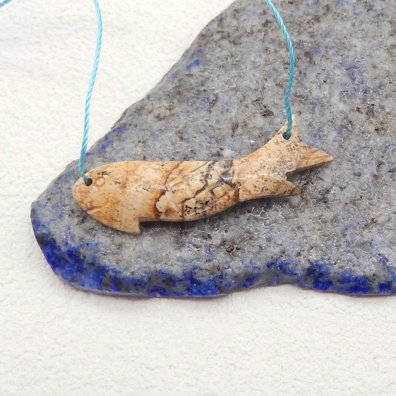 Carved Animal Pendant Natural Stone Picture Jasper Fashion Cute Fish Pendant DIY Jewelry Making 36x10x4mm 2g