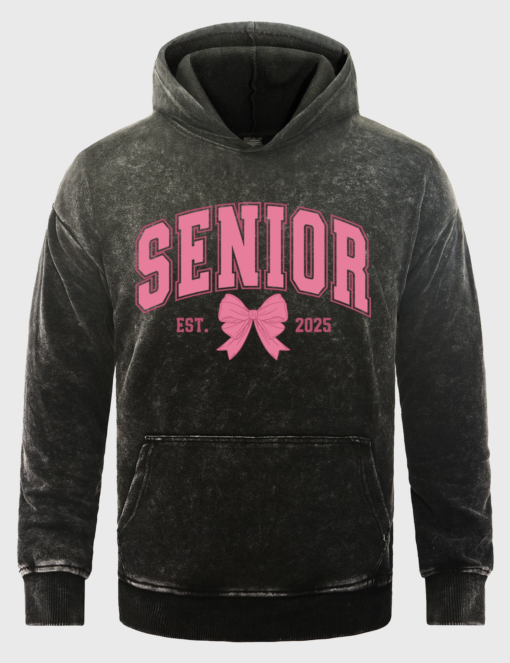 Senior Pink Bow Est 2025 Design Men Washed Hoodies Hip Hop Loose Streetwear Cotton Distressed Hoody Soft Multicolor Male Hoodie