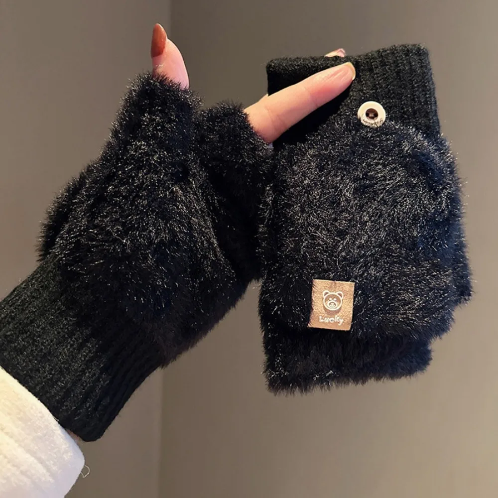 

Cute Autumn Winter Half Gloves Warm Plush Touchscreen Gloves Thickened Anti-Cold Flip Cover Gloves Student Writing Gloves