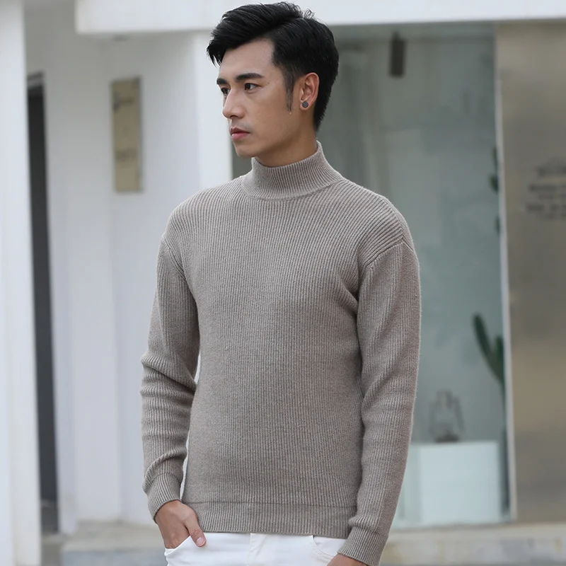 2022 Men\'s Autumn And Winter New Half-High Striped Solid Color Warm Thickened Pullover Shirt Simple And Dry Business Knitwear