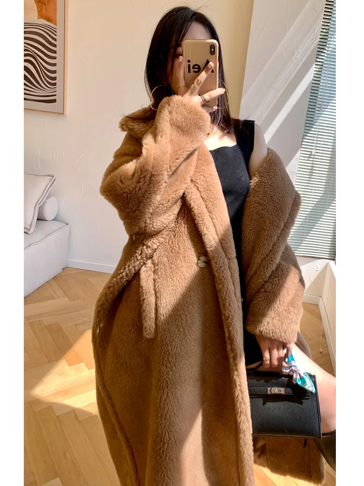 2023 New Luxury Women Teddy Bear Coat Medium Long Fashion Loose Alpaca Fur Coat Thick Vintage Lapel Long Sleeve Woolen Coat Wint