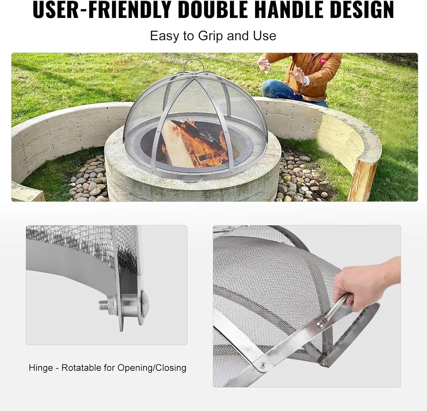 Firepit Spark Screen Lid, 40" Diameter, Stainless Steel Round Fire Pit Cover, Easy-Opening Fire Ring Screen for Outdoor Patio