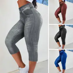 Pantalones cortos elásticos para mujer, vaqueros de mezclilla de imitación con Bolsillos falsos, cintura alta, levantamiento de glúteos, pantalones de lápiz delgados informales suaves