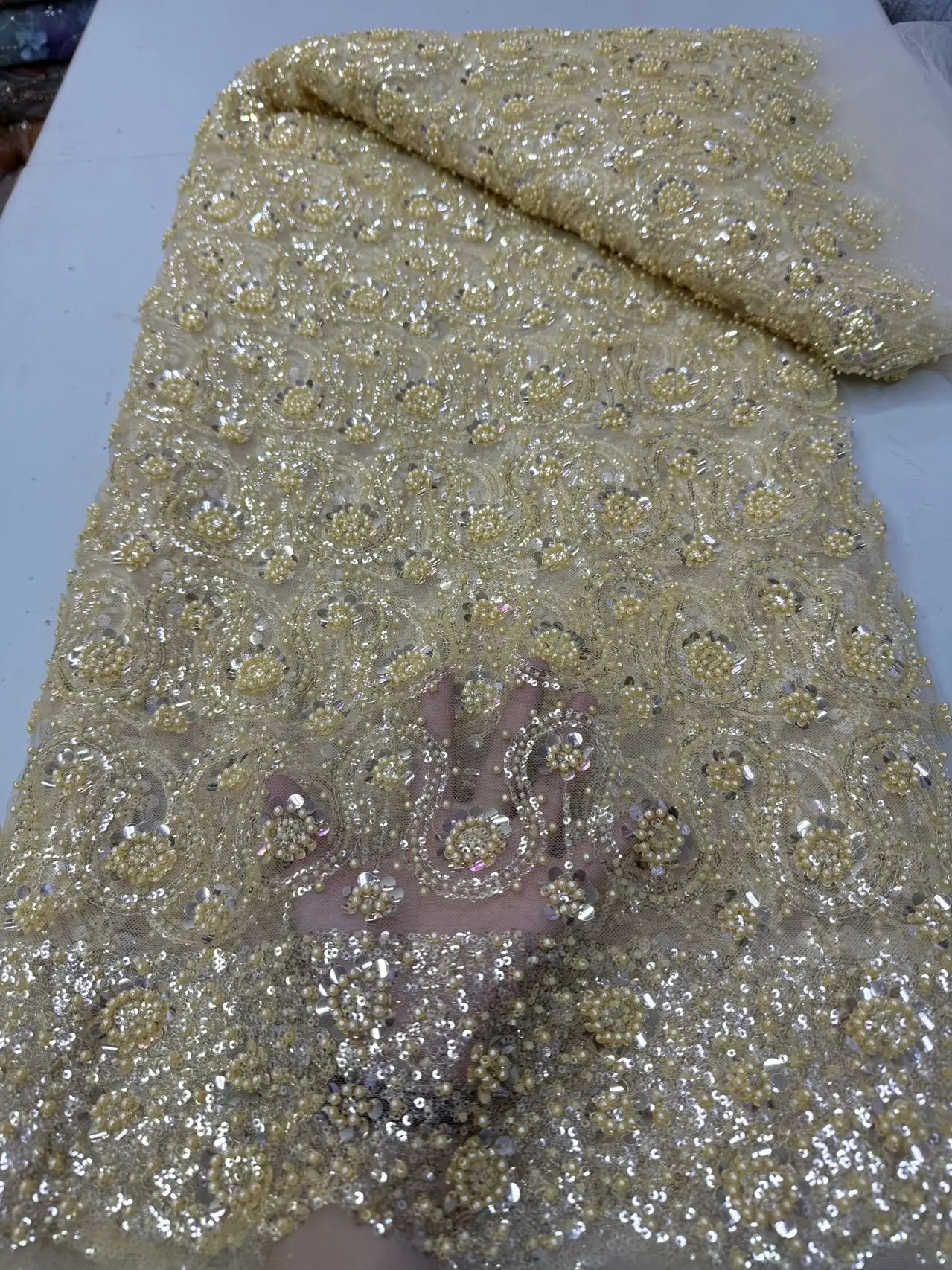 

Latest High Quality African Nigerian With Tulle Sewing Lace Fabric Guipure Embroidery Beads Dresses Sequins 5Yards JY533