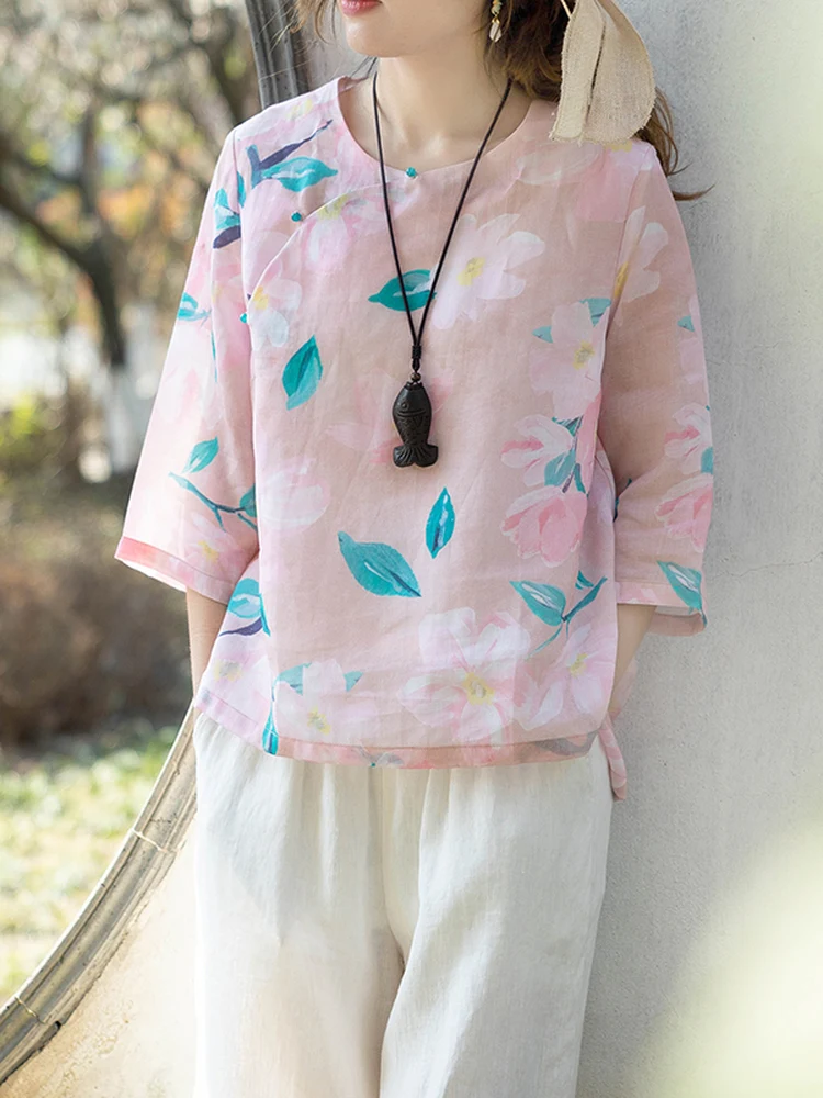 

Young Version Linen Set Floral Print Top Wide Leg Pants Two Piece Suit Breathable Lightweight Comfortable Casual Fashion
