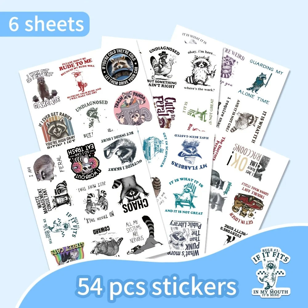54 pieces of funny raccoon stickers. Cute animal doodles in English. 
