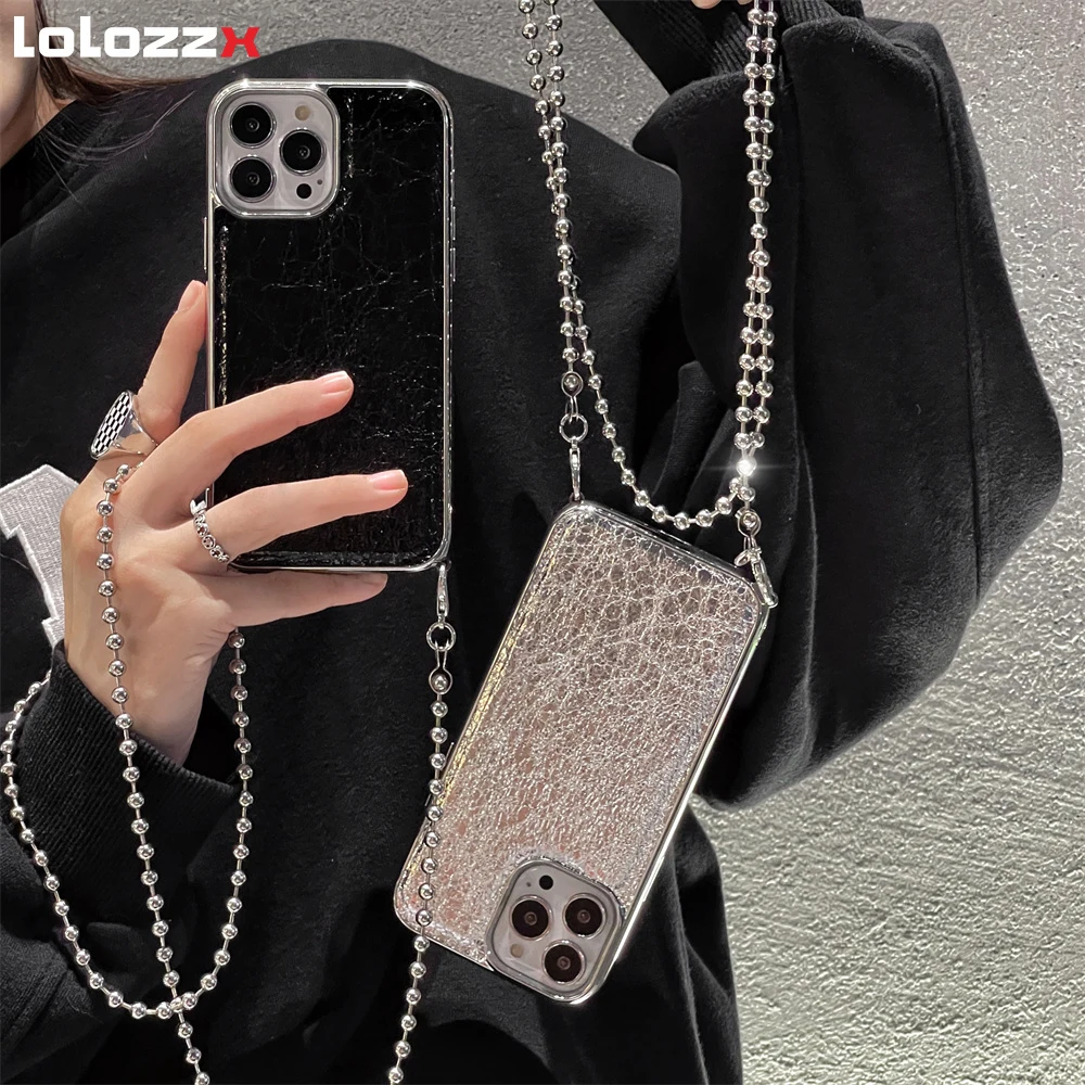 Crossbody Lanyards Metal Bead Bracelet Necklace Phone Case For iPhone 15 14 13 Pro Max 12 Luxury Plating Shockproof Back Cover