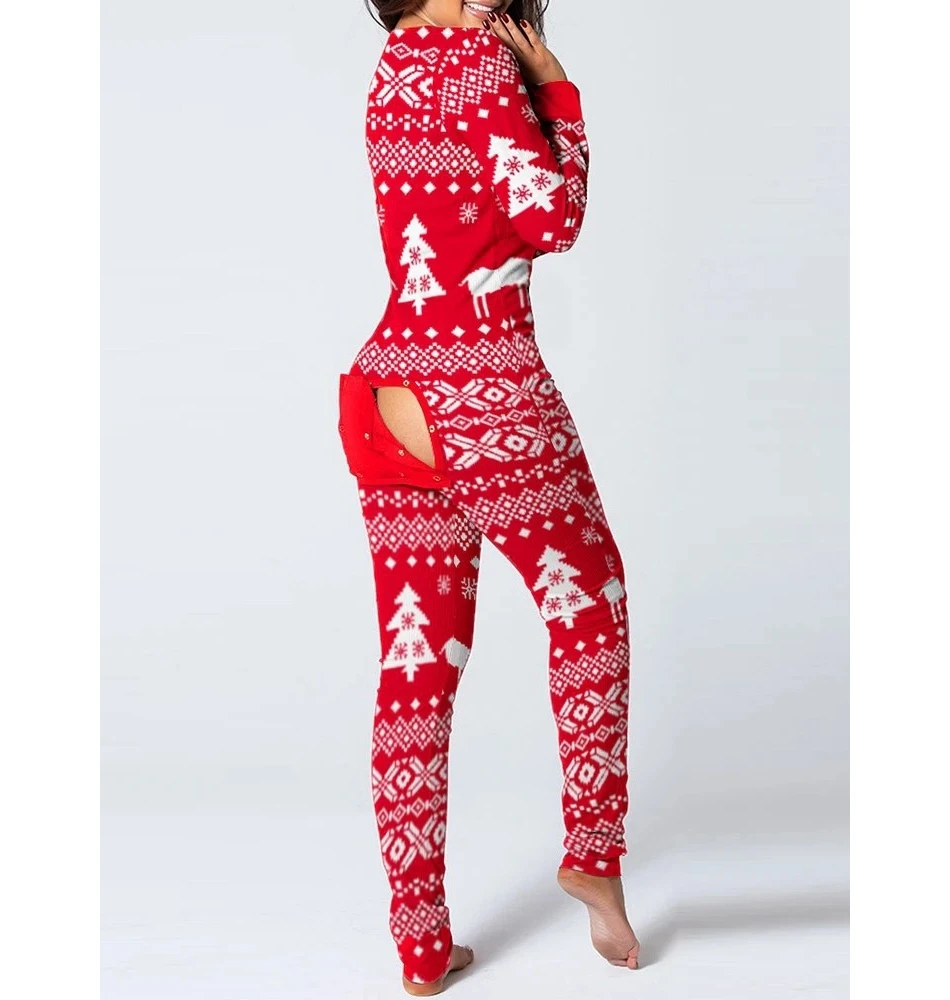 Sexy Long Sleeve V-Neck Adult Onesie for SleepwearFashion Women's Snowflake Elk Print Button Front Slim Jumpsuit