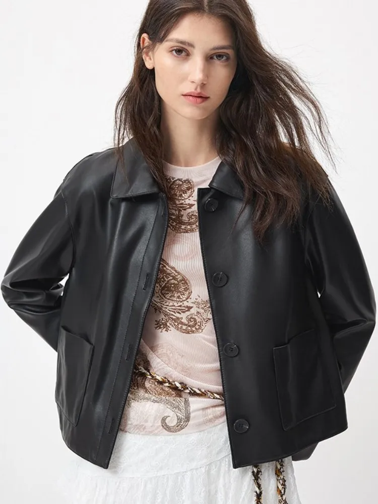 Giacca da donna in vera pelle con risvolto tinta unita stile retrò Capispalla in pelle di pecora a maniche lunghe con tasca monopetto allentata