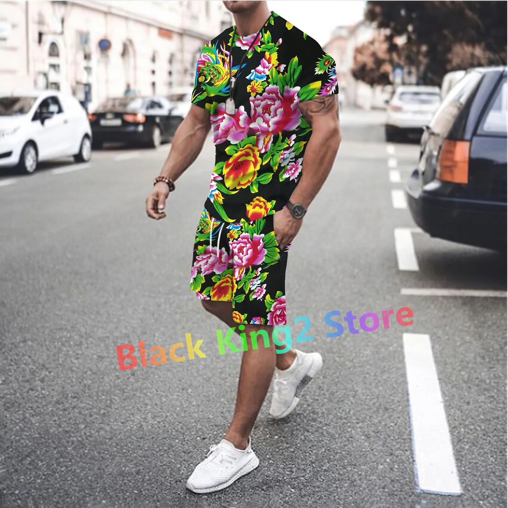 New Northeast Big Flower Design Clothing Chinese Style Men\'s Short Sleeve Suit Two-piece Set Women Tracksuit Trend Streetwear