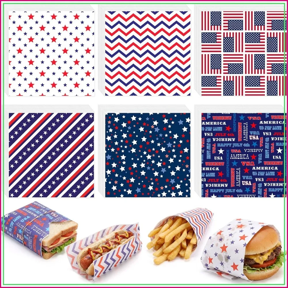 300 Pcs 4th of July Wax Paper Sheets 12x12 Inch Patriotic Parchment Deli Tissue Paper Sandwich Wrapping Food Basket Liners Baking Supplies 6 Styles