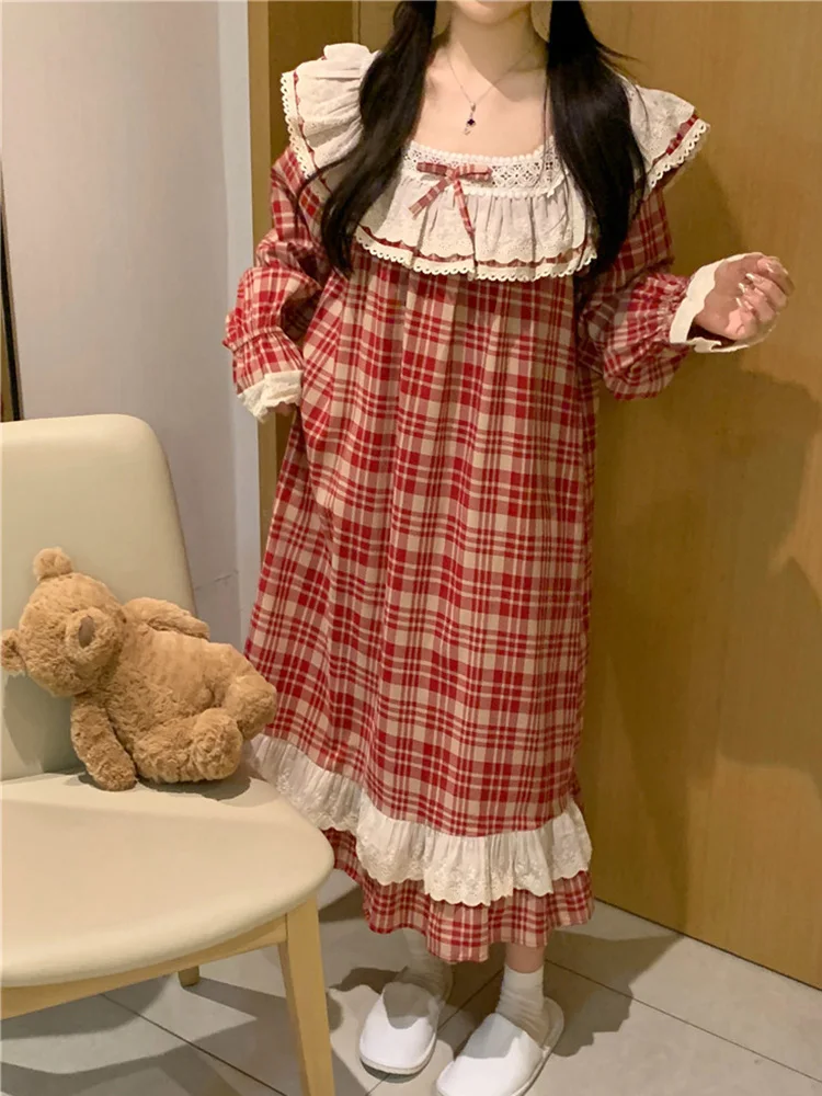 Home New Warm Sweet Lace 100%Cotton NightDress Winter Plaid Long Sleeve Pajama Set Women Korean Kawaii Plaid Loose Sleepwear Ins