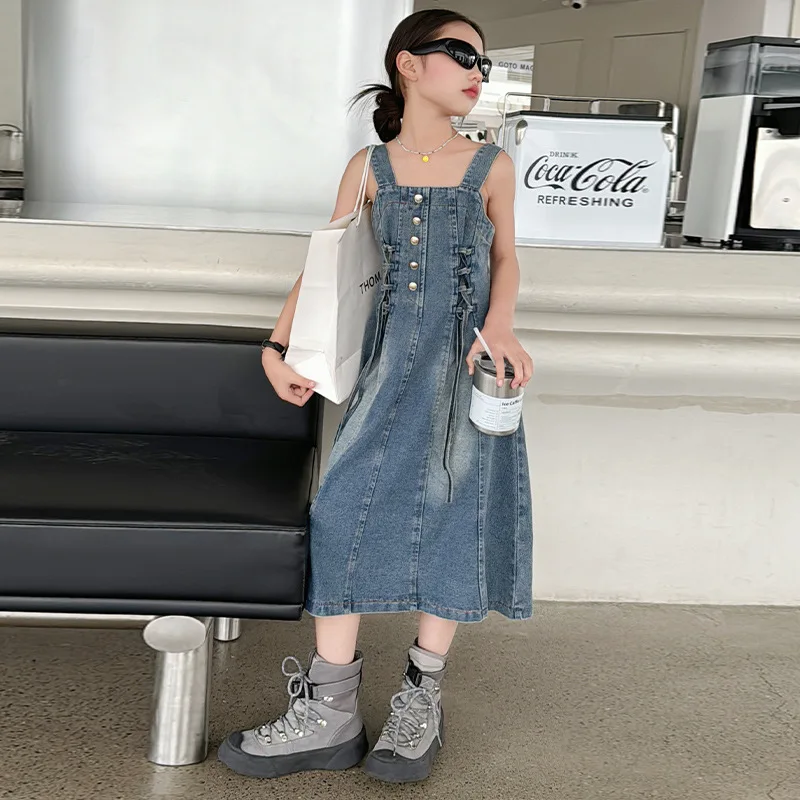 

Girls Summer Fashion Strap Dress 2024 New Middle and Big Children's Fashionable Casual Simple Waist Tight Denim dress