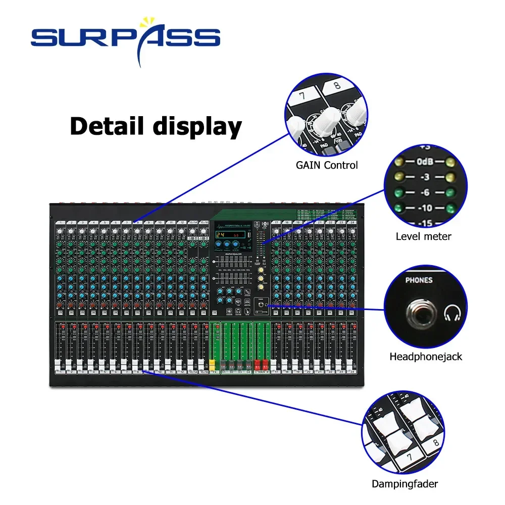 24 Channel Audio Mixing Console 48V Phantom Power Built-in USB Play Bluetooth 5.0 Receive Playback Professional Mixer DJ Stage