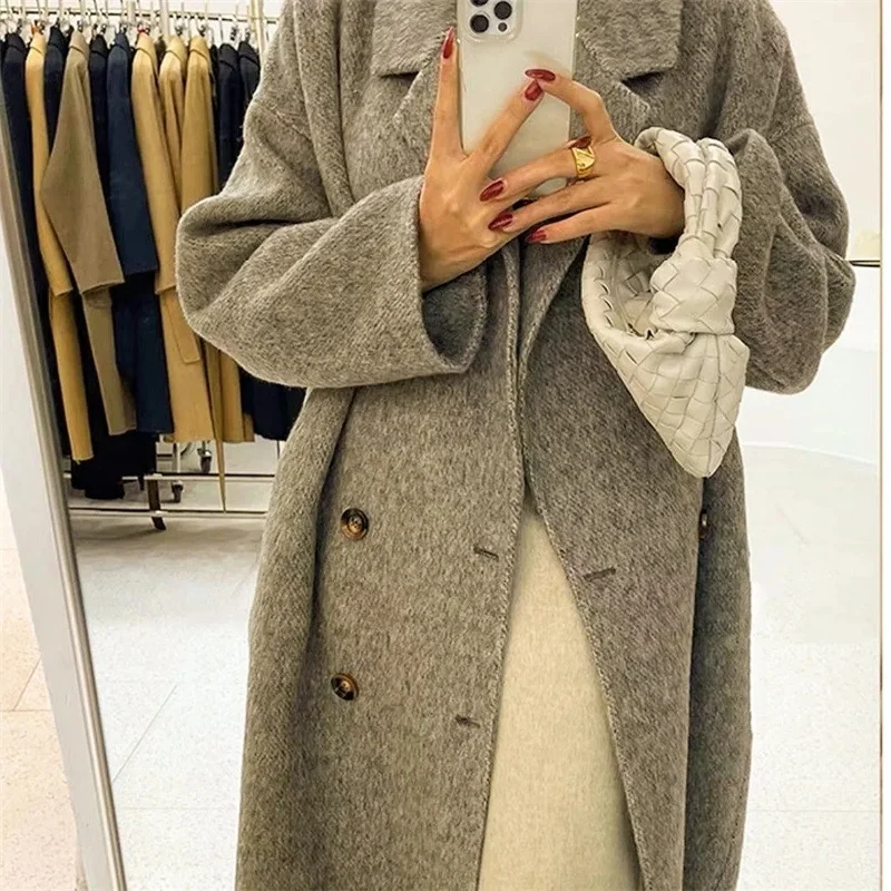 French Lazy Style Warm Female Fresh Winter 2024 Classical Belt Retro Loose Women Woolen Coats Chic Casual Long Coat Long