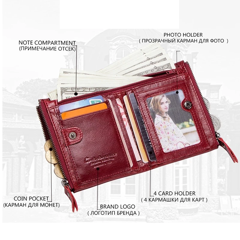 2023 Fashion Genuine Leather Women Wallet Bi-fold Wallets Red ID Card Holder Coin Purse With Double Zipper Small Women's Purse