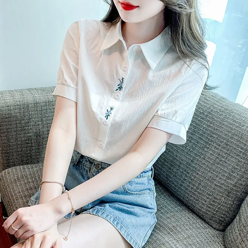 Simplicity Commute Summer New Blouses Women\'s Solid Color Spliced Polo Neck Button Loose Retro Embroidered Short Sleeve Shirts