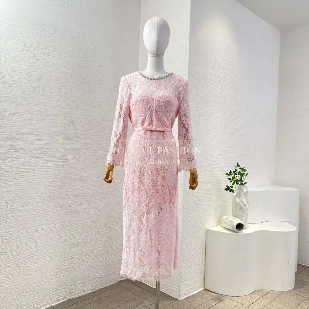 

2025 High Quality Pink Long Sleeve Lace Back Slit Midi Dress