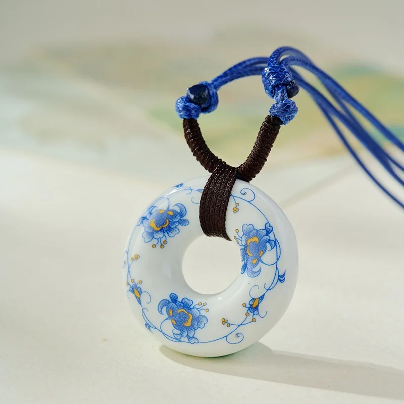 Chinese Style Flower Ceramic Pendant Necklace For Women Handmade Lucky Longevity Lock Choker Jewelry Party Gift