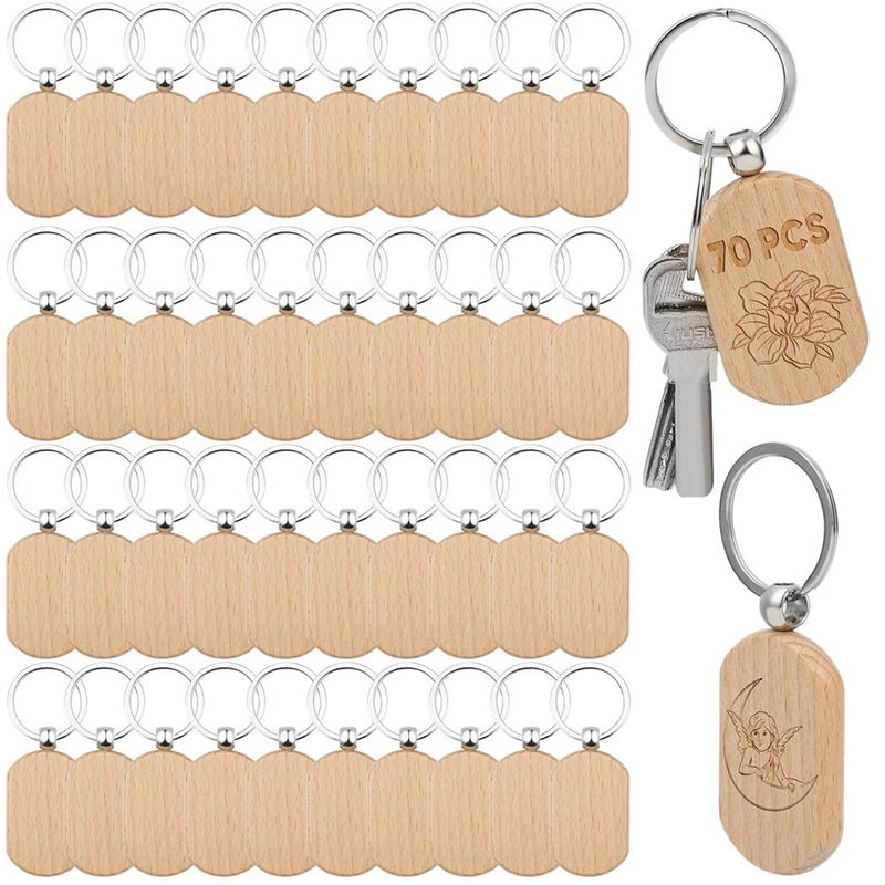 

70Pcs Blank Wooden Keychains Tag Key Diy Wood Key Ring Blanks Wood Keyrings