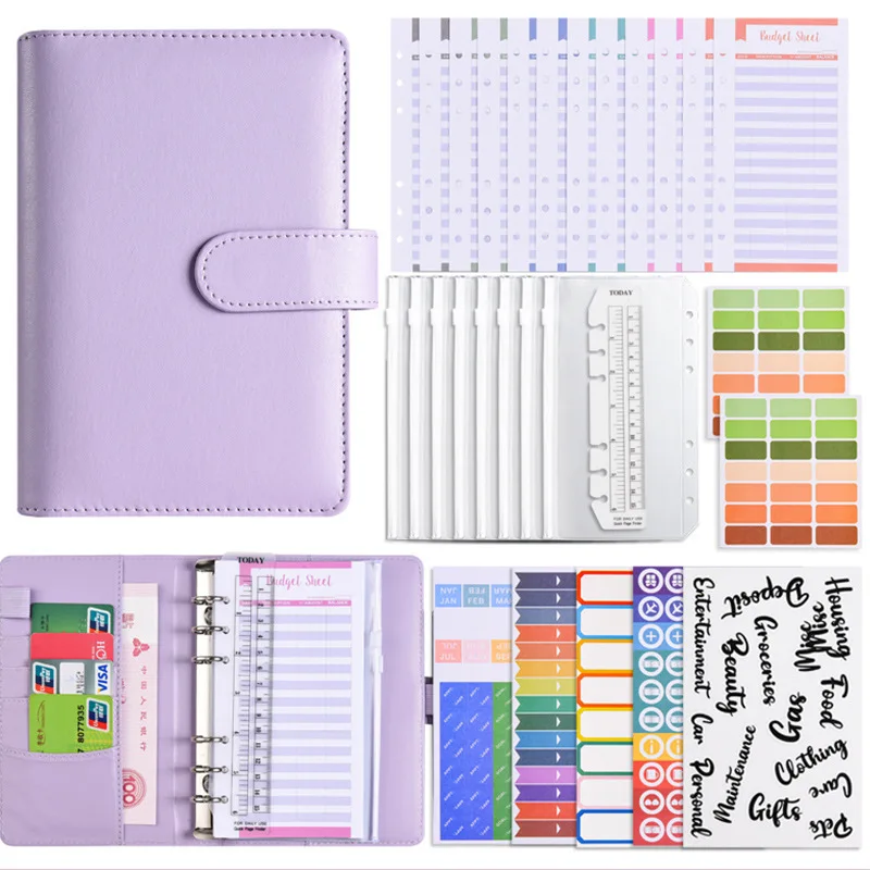 A6 PU leather binder notebook cash envelope with binder pocket for cost saving bill manager, financial planner organizer